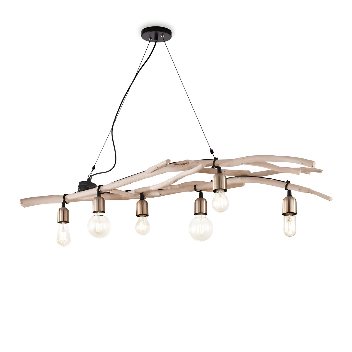 Zone 6 Light Linear Pendant - Natural Wood & Brushed Bronze