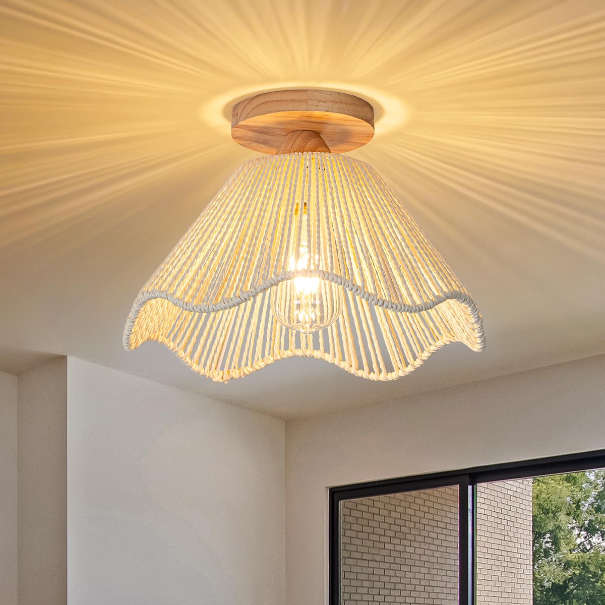 Zswanbei D12.5 Inch Boho Light Fixtures Flush Mount Mini Chandelier Woven Rattan Ceiling Light Fixture for Bedroom Hallway Bathr