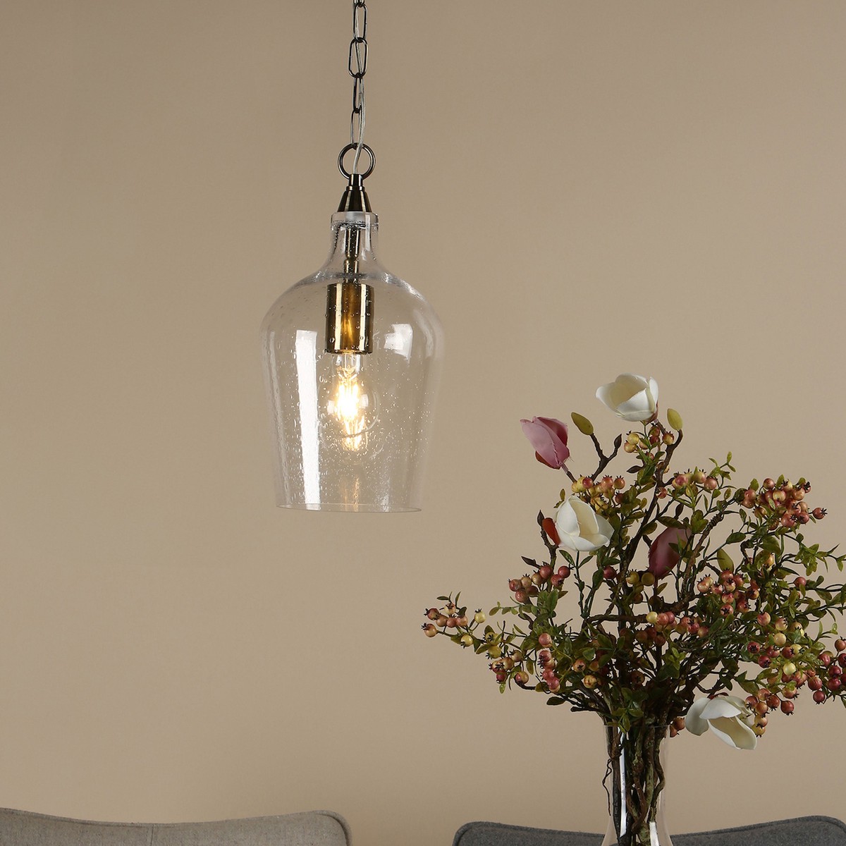 Nida Single Pendant In Antique Brass With Seeded Glass Shade