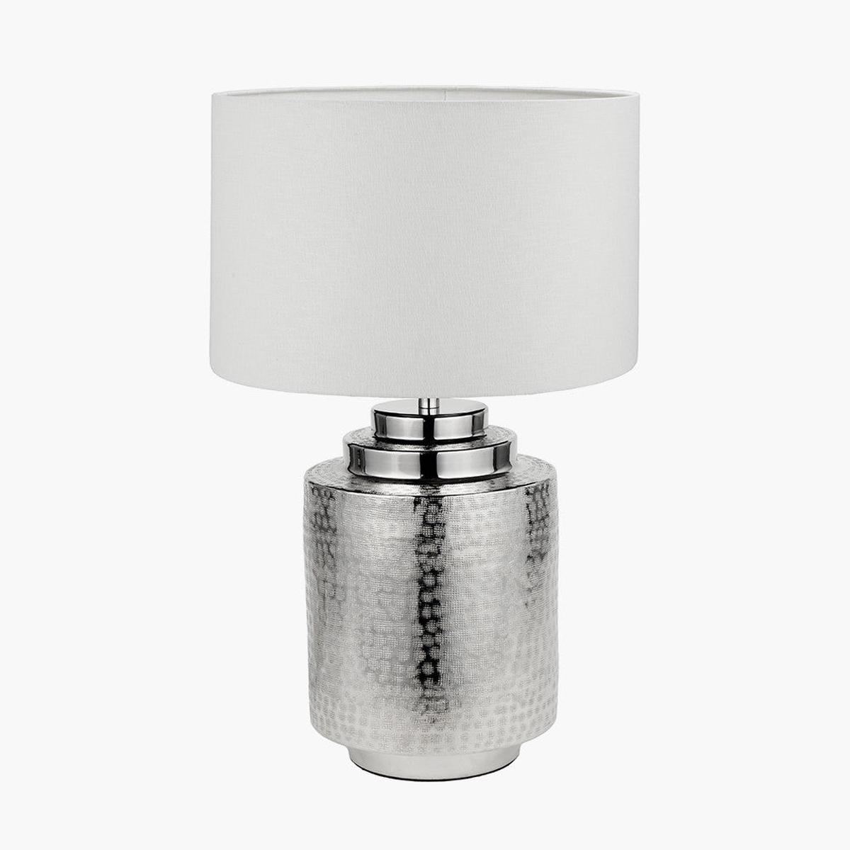 Zuri Shiny Silver Metal Pot Table Lamp Base with Lino 35cm White Self Lined Linen Cylinder Lampshade