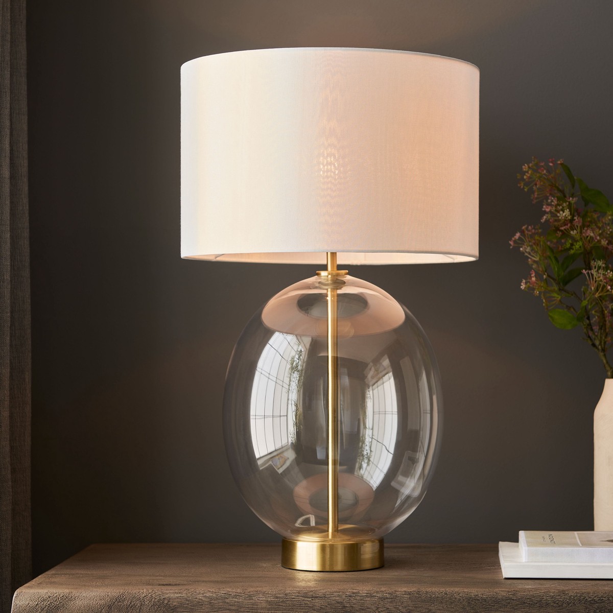 Zelda Oval Table Lamp Satin Brass Vintage White