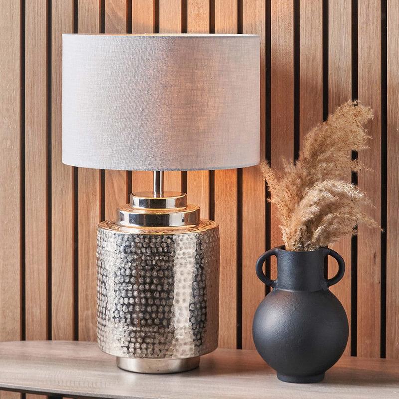 Zuri Shiny Silver Metal Pot Table Lamp Base with Lino 40cm White Self Lined Linen Cylinder Lampshade