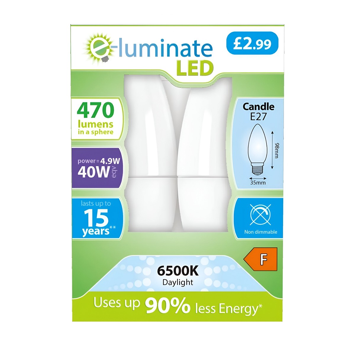 4.9W LED Candle Bulb E27 6500K Daylight 470lm Non-Dimmable (2 Pack)