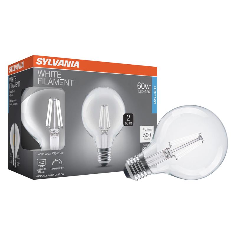 SYLVANIA G25 Clear Globe LED White Filament Bulb, 5W, Dimmable, 500 Lms, Medium Base, 5000K, Daylight - 2 PK