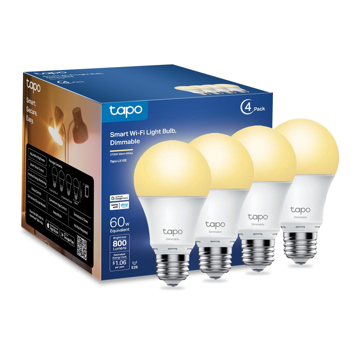 Tapo Tp-Link Smart Light Bulbs, 800 Lumens (60W Equivalent), 2700K Soft Warm White Led Bulb, Dimmable, Compatible With Alexa And Google Home, No Hub Required, A19 E26, L5