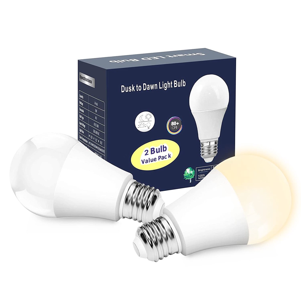 Torkase Outdoor Dusk to Dawn LED Light Bulbs, 12W (100W Equivalent), 3000K Warm White, E26 A19, 2 Pack with Photocell Sensor
