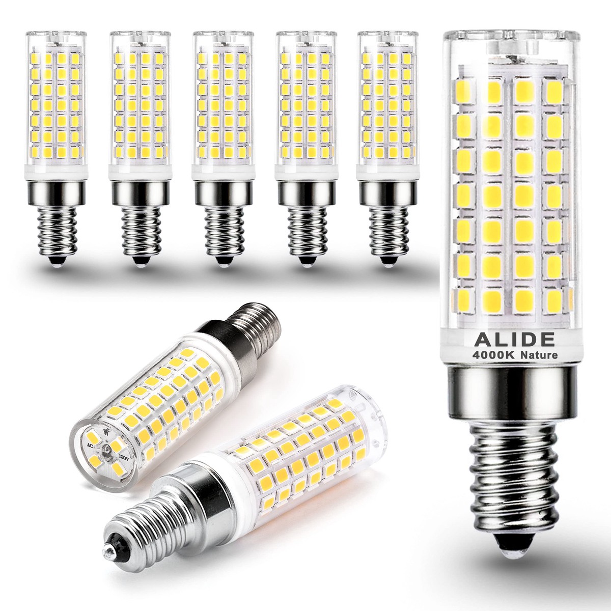 Alide E12 75 Watt Replacement Led Candelabra Bulbs C7,4000K Natural White,800Lm T6 7.5W Led E12 Chandelier Light Bulbs For Ceiling Fan Pendant Lighting,Non-Dimmable,6 Pac