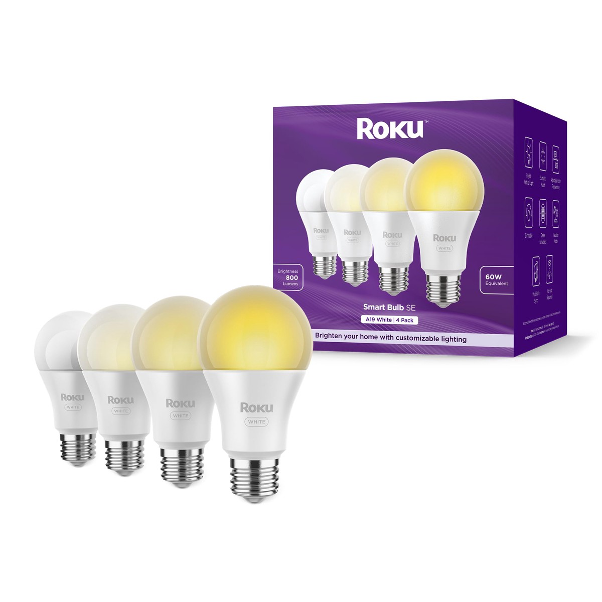 Roku Smart Light Bulbs (White, 4-Pack) - Dimmable A19 Lightbulbs With Adjustable Brightness & Temperature - Wifi Smart Bulbs Works Voice, Alexa & Google Assistant, No Hub