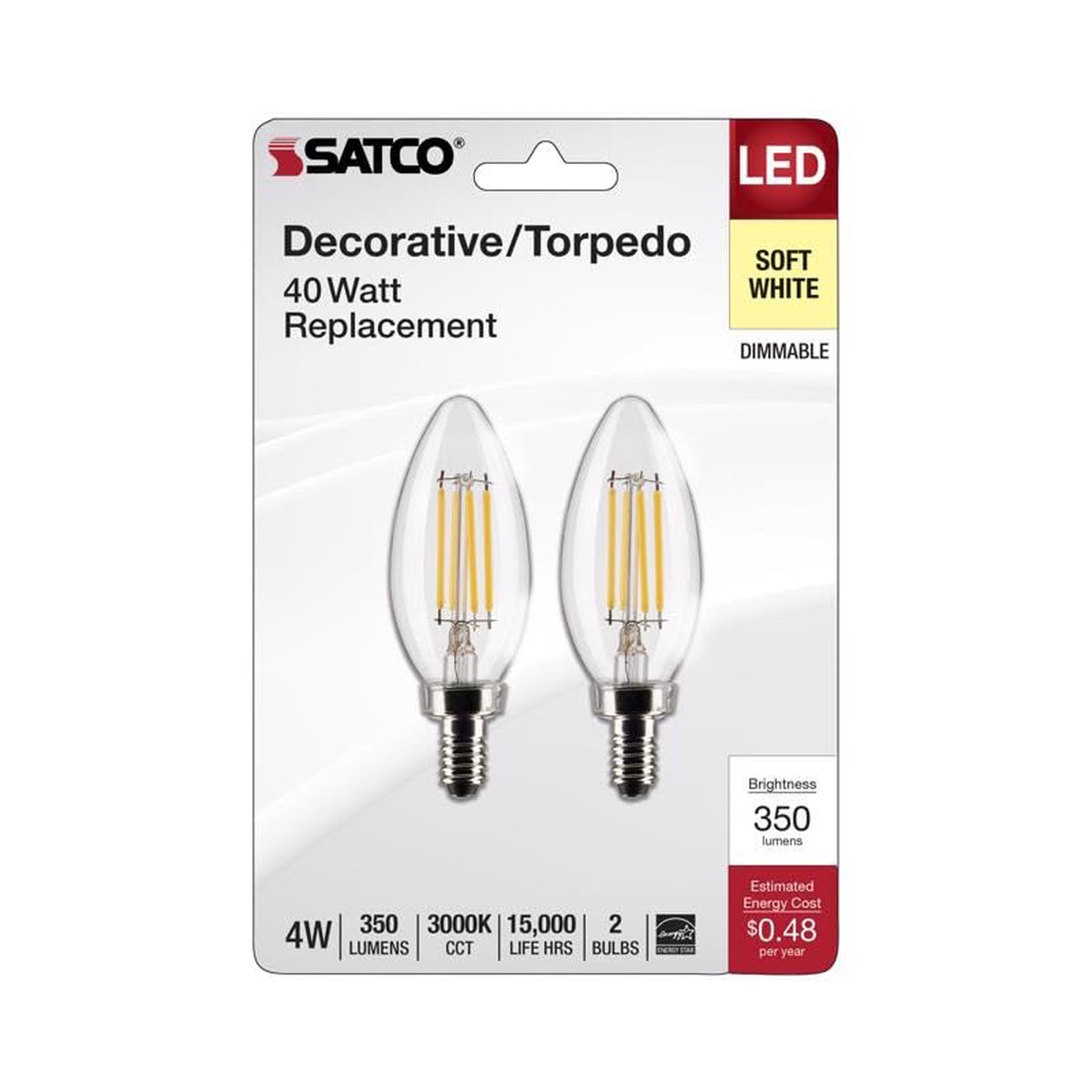 Satco S21820 4 Watt B11 Led Bulb, Clear, Candelabra Base, 3000K, 350 Lumens, 120 Volt, 2-Pack