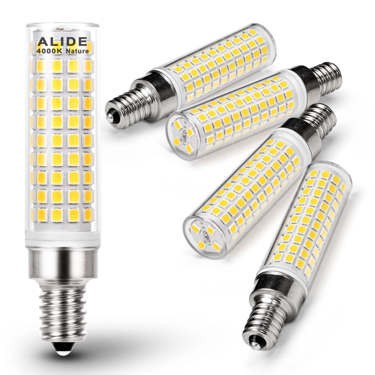 Alide E12 100W Led Candelabra Bulbs Replacement C7,4000K Natural White,1200Lm T6 10W Led E12 Candle Light Bulbs For Ceiling Fan Pendant Lighting Salt Lamp,Non-Dimmable,5 