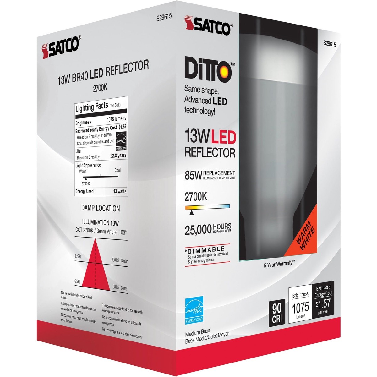 Satco 13W BR40 2700K LED Bulb, Reflector, 2 / Carton, SDNS29615CT