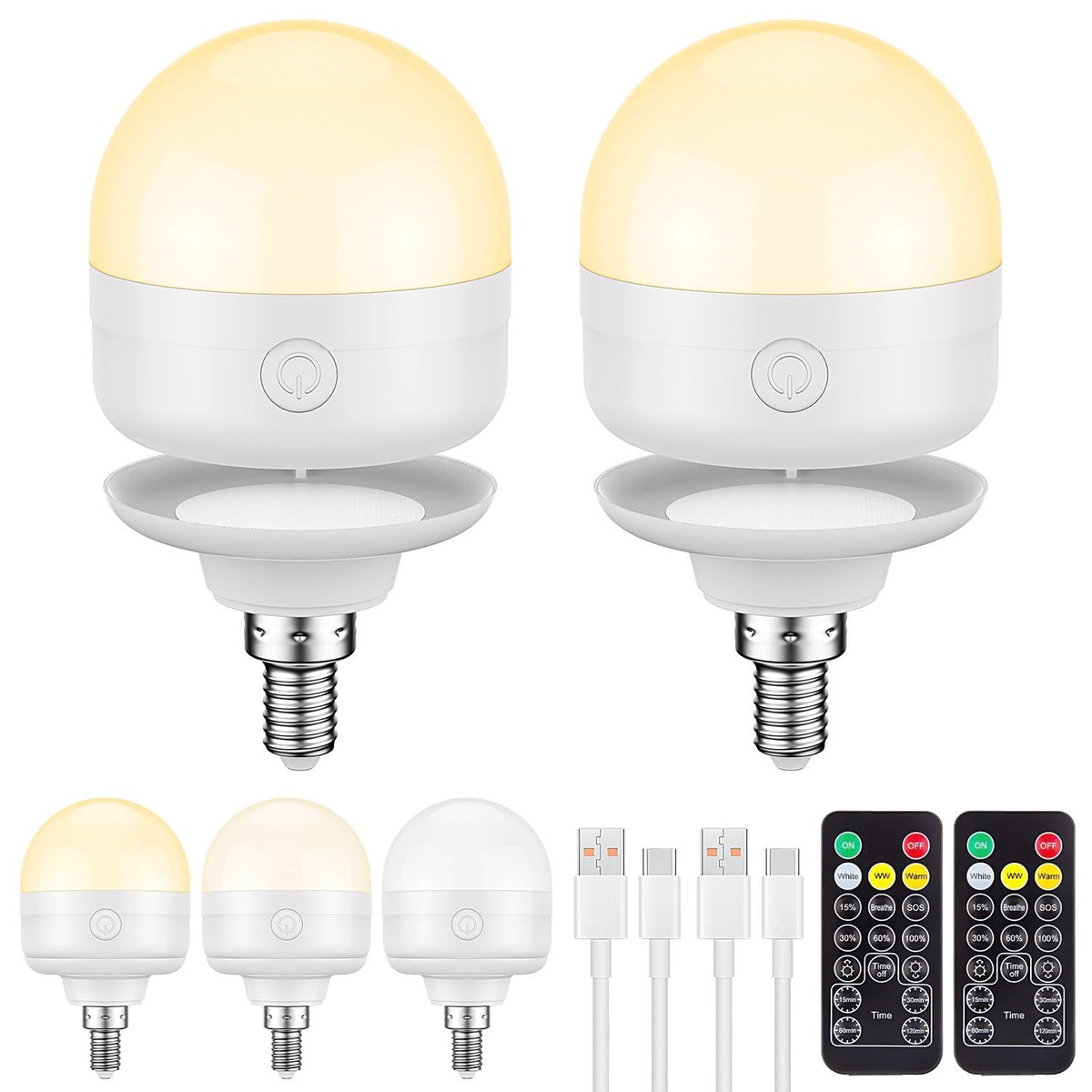 SCOPOW E12 Rechargeable Light Bulbs, 5W, Remote Control, 3 Color Options, Warm Yellow, 2 Packs, T999 Model