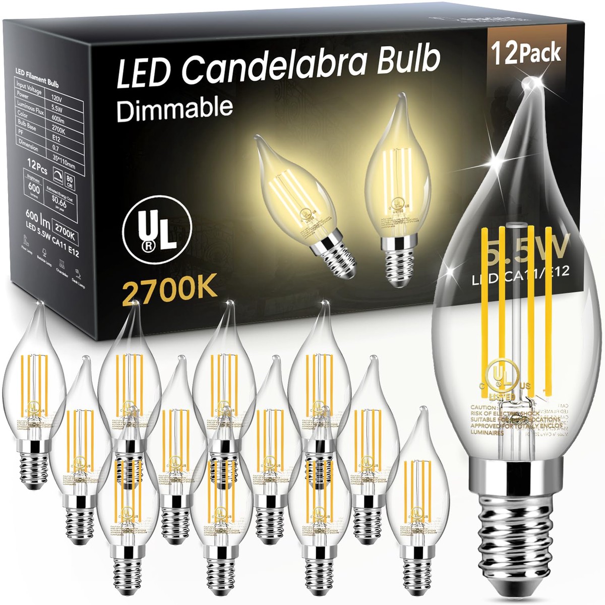 TJOY E12 LED Candelabra Bulb, Dimmable 60W Equivalent, 5.5W 2700K Soft Warm White, CA11 Flame Tip, 12 Pack